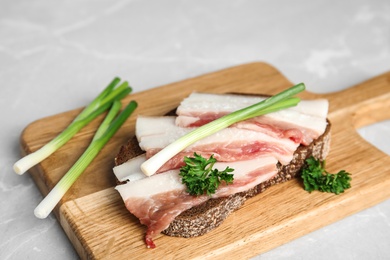 Photo of Board with pork fatback sandwich and onions on grey stone background