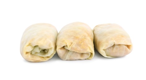 Uncooked stuffed cabbage rolls on white background