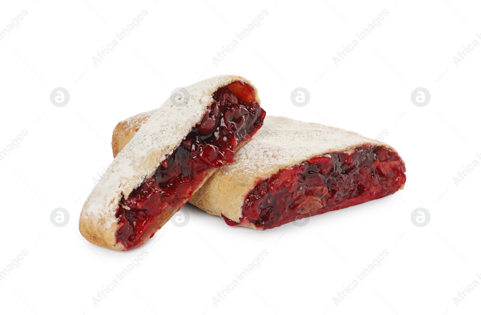 Photo of Delicious cut strudel with cherries isolated on white