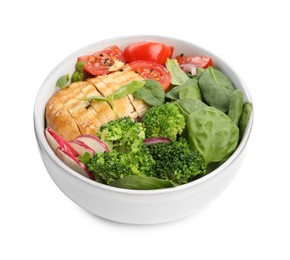 Photo of Healthy meal. Delicious chicken, vegetables and spinach in bowl isolated on white