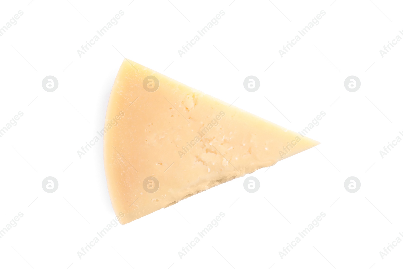 Photo of Piece of delicious parmesan cheese isolated on white, top view