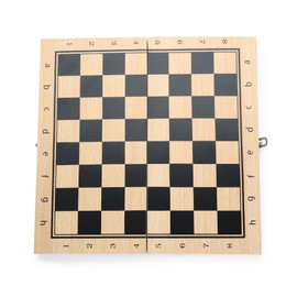 Photo of Empty wooden checkerboard isolated on white, top view