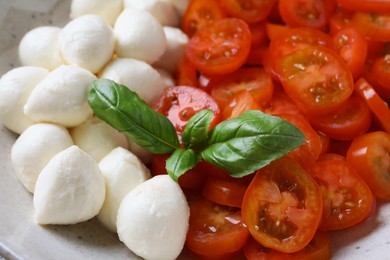 Photo of Delicious mozzarella balls, tomatoes and basil leaves, closeup