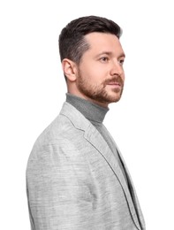 Photo of Handsome bearded businessman in suit on white background