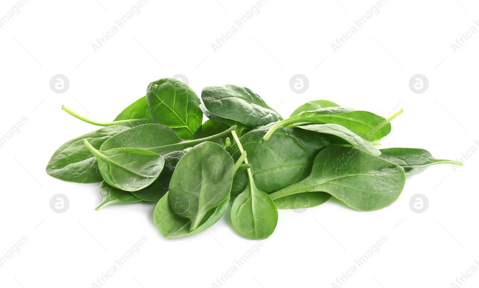 Photo of Pile of fresh green healthy baby spinach leaves on white background