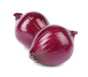 Photo of Fresh whole red onions on white background