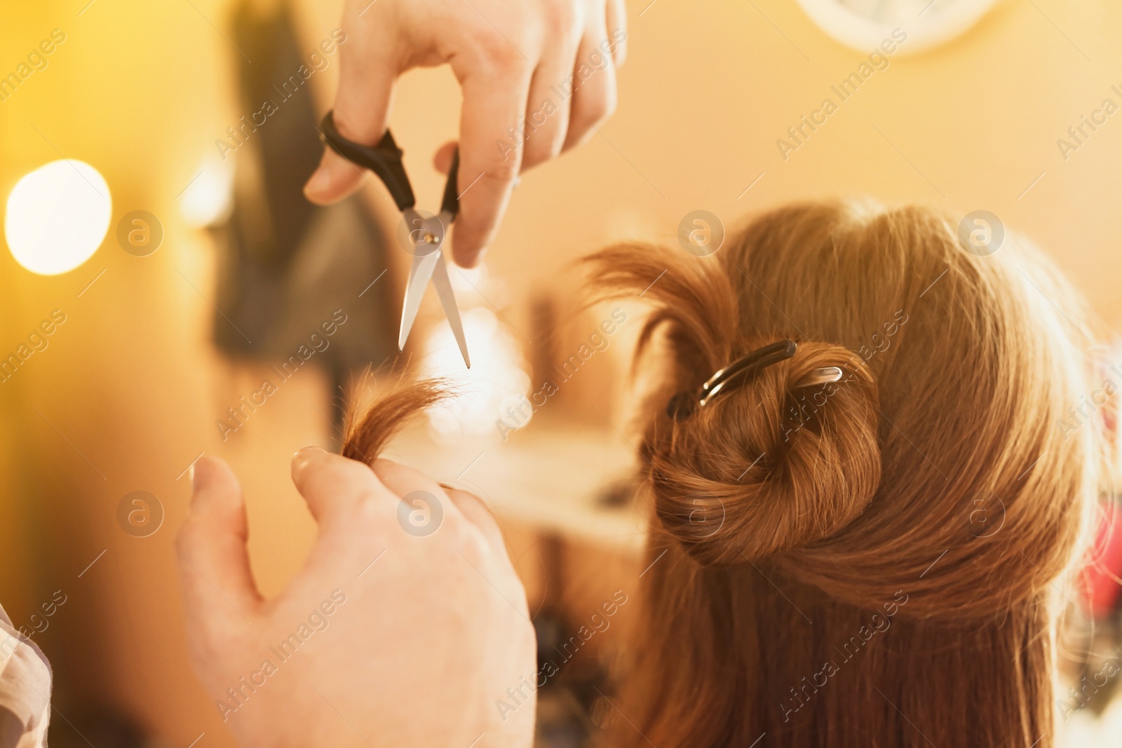 Image of Professional hairdresser working with client in beauty salon, closeup