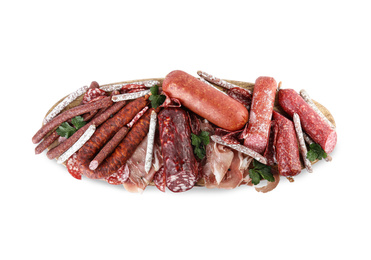 Photo of Different types of sausages with parsley on white background, top view
