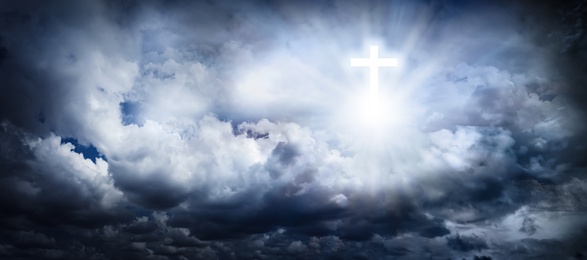Image of Cross silhouette in cloudy sky, banner design. Resurrection of Jesus