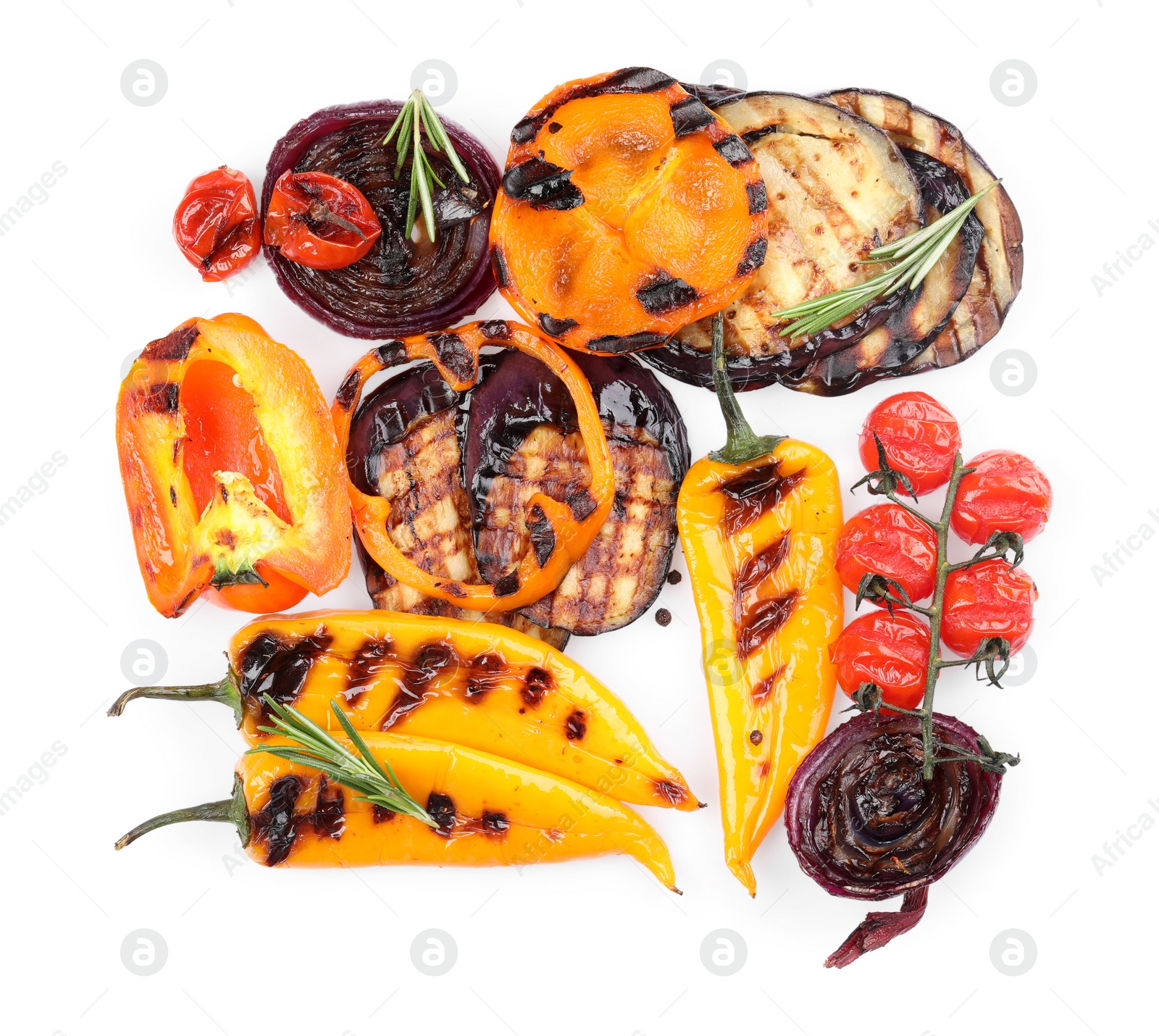 Photo of Different delicious grilled vegetables isolated on white, top view