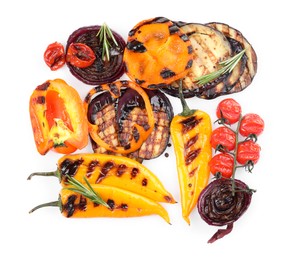 Different delicious grilled vegetables isolated on white, top view