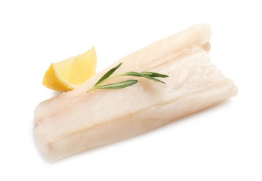 Piece of raw cod fish, rosemary and lemon isolated on white