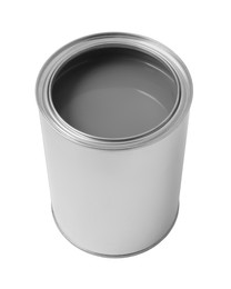 Photo of Can with gray paint on white background