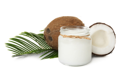 Photo of Composition with organic coconut oil on white background. Healthy cooking