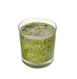 Photo of Tasty pesto sauce in glass jar isolated on white