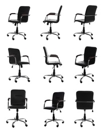 Image of Set with black office chairs with leather seats on white background