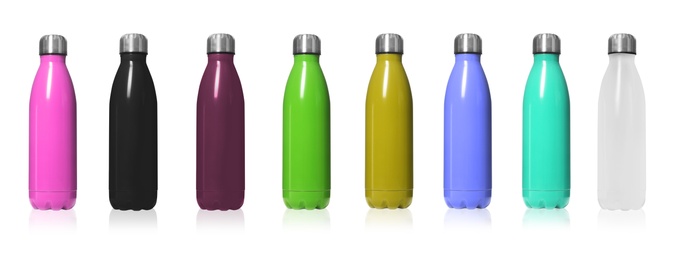 Image of Set of modern thermos bottles in different colors on white background. Banner design 