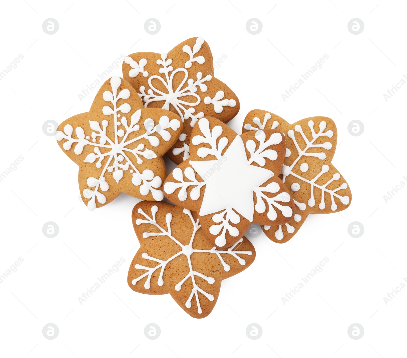 Photo of Tasty star shaped Christmas cookies with icing isolated on white, top view