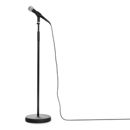 Stand with modern microphone on white background