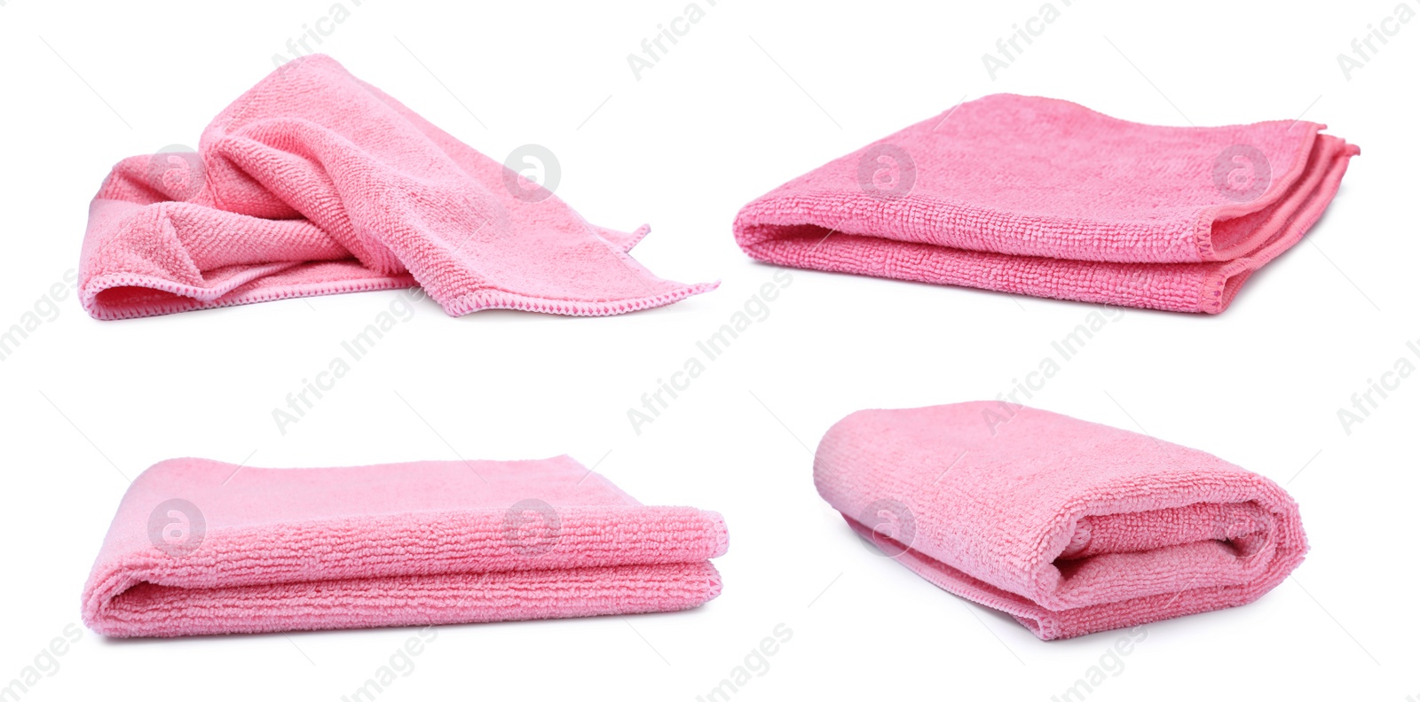 Image of Set with pink microfiber cloths on white background 