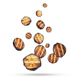 Image of Slices of grilled eggplants in air on white background