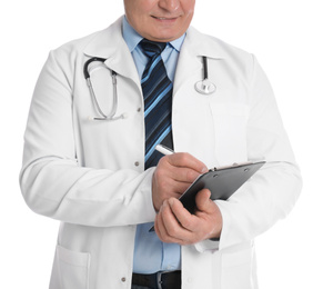 Senior doctor with clipboard on white background, closeup