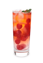 Photo of Glass of raspberry refreshing drink with ice cubes and mint on white background