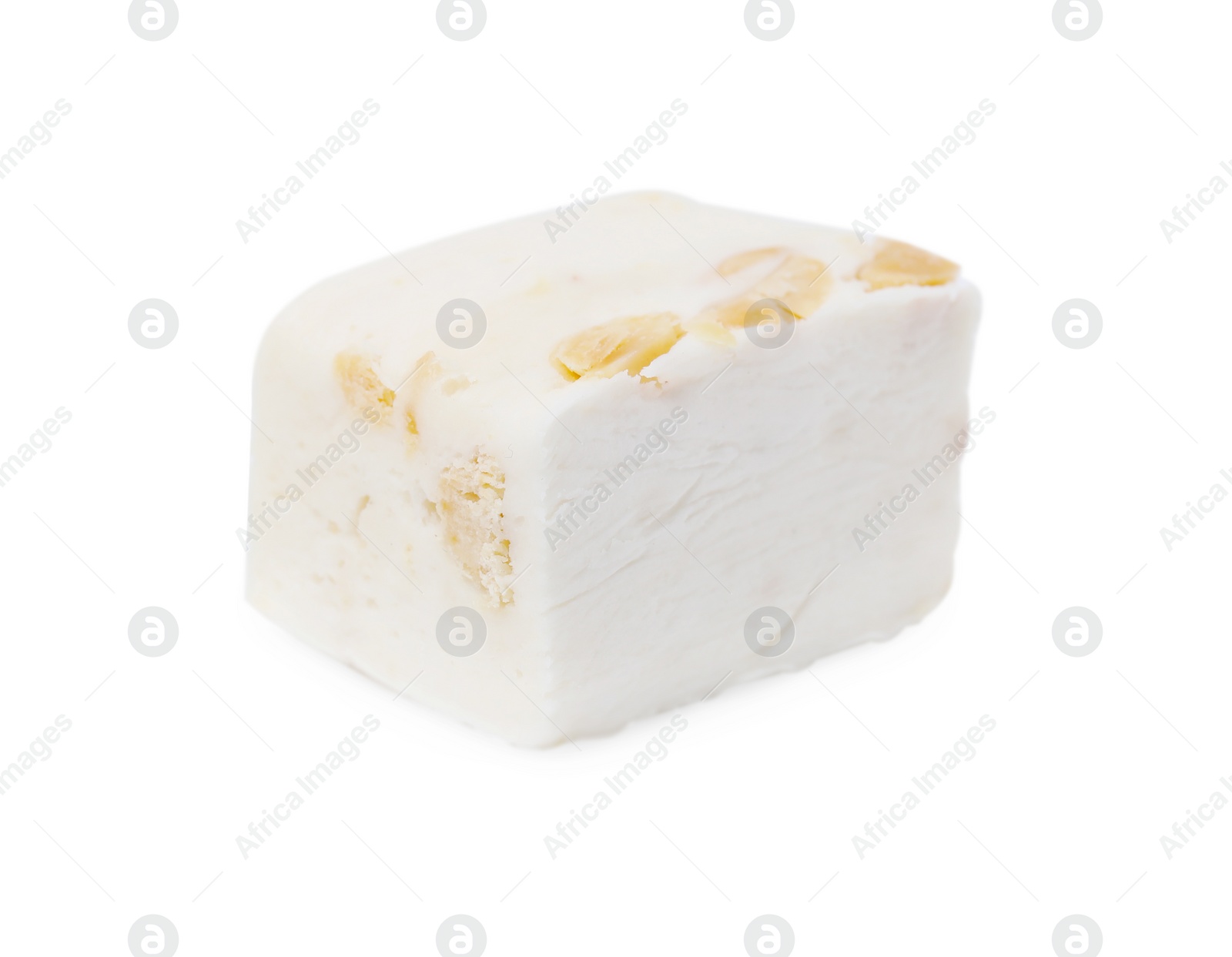 Photo of Piece of delicious nougat on white background