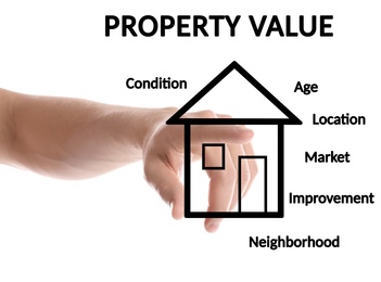 Image of Real estate agent using virtual screen with house illustration, closeup. Property value concept