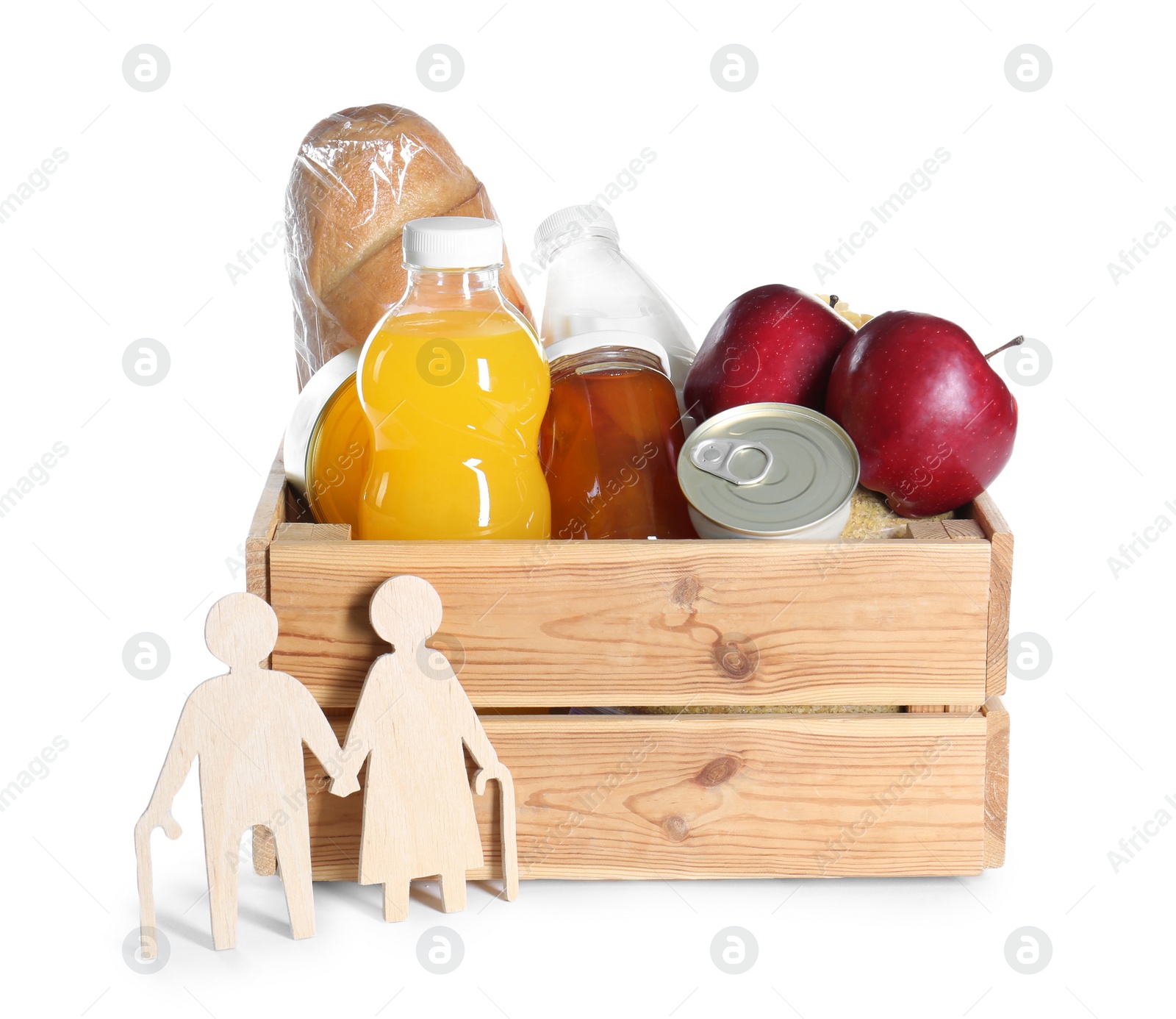 Photo of Humanitarian aid for elderly people. Donation box with food products and figure of senior couple isolated on white