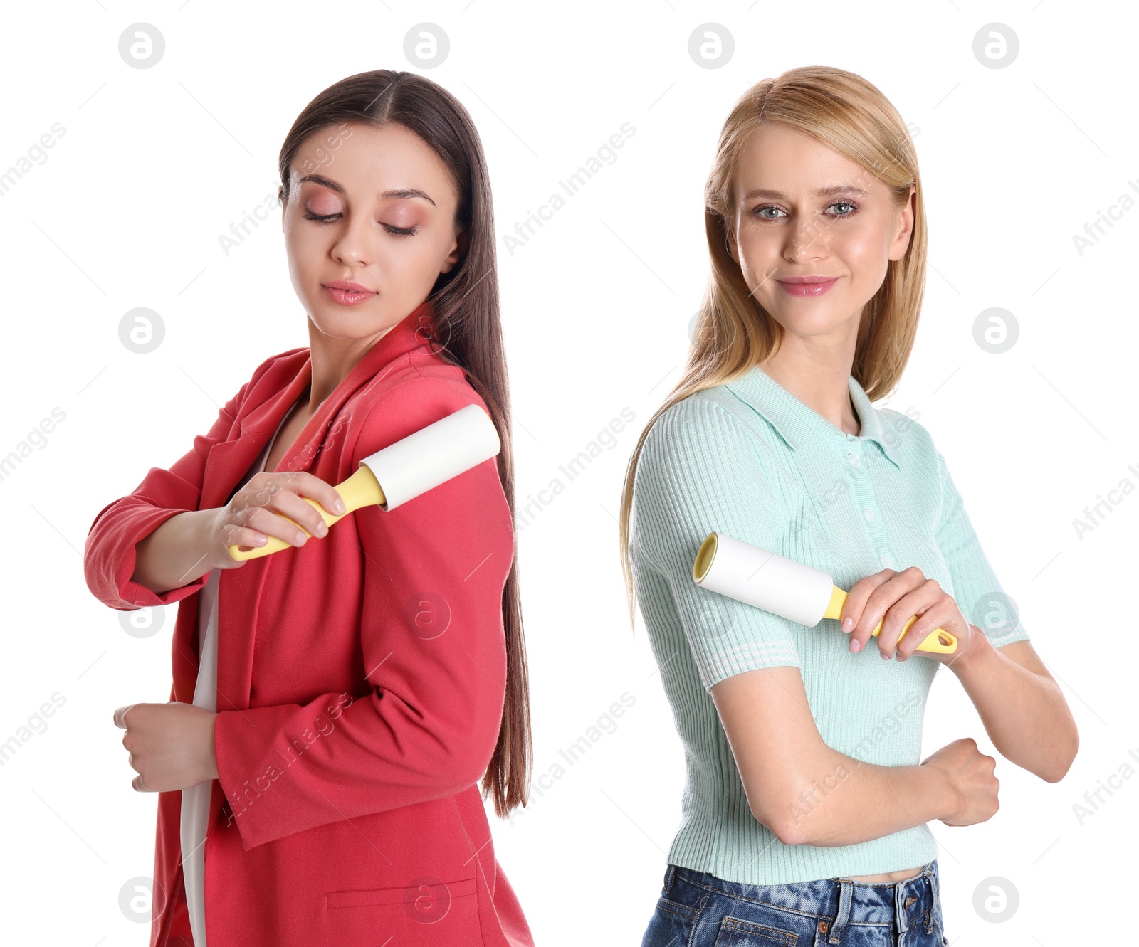 Image of Young women cleaning clothes with lint rollers on white background, collage 