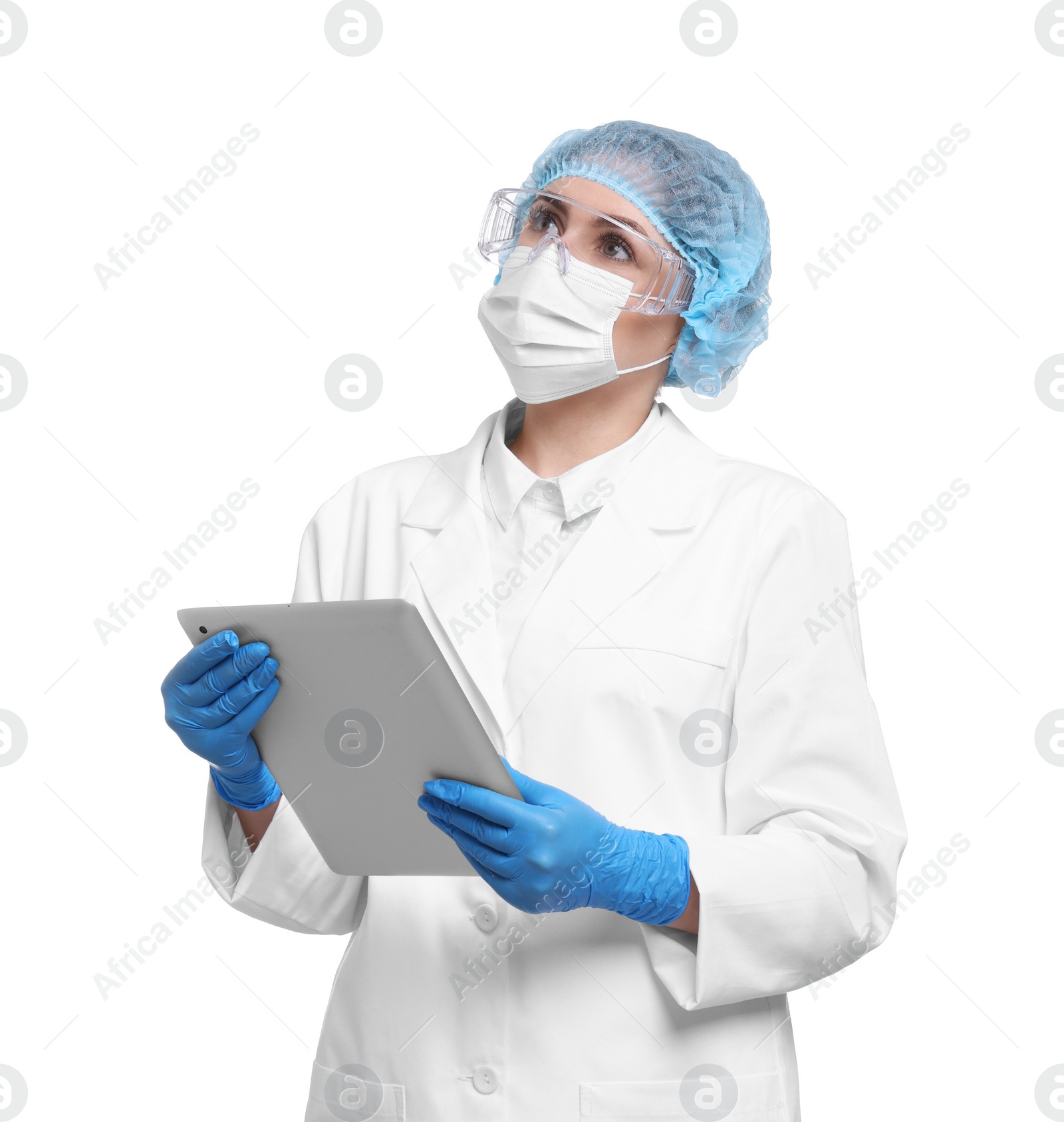 Photo of Quality control. Food inspector with tablet on white background