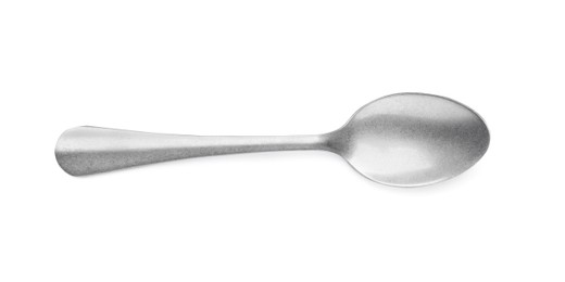 Photo of New clean shiny spoon isolated on white, top view