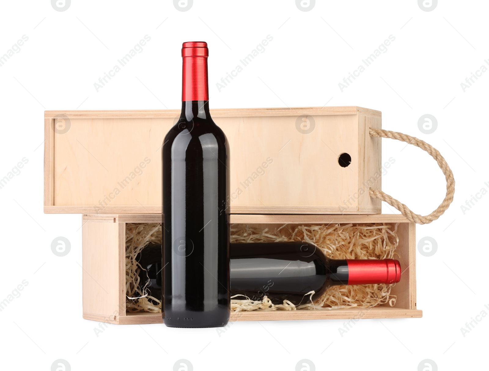 Photo of Wooden gift boxes with wine isolated on white