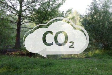 Concept of clear air. CO2 inscription in illustration of cloud with arrow and beautiful park