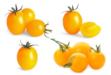 Image of Set of ripe yellow tomatoes on white background