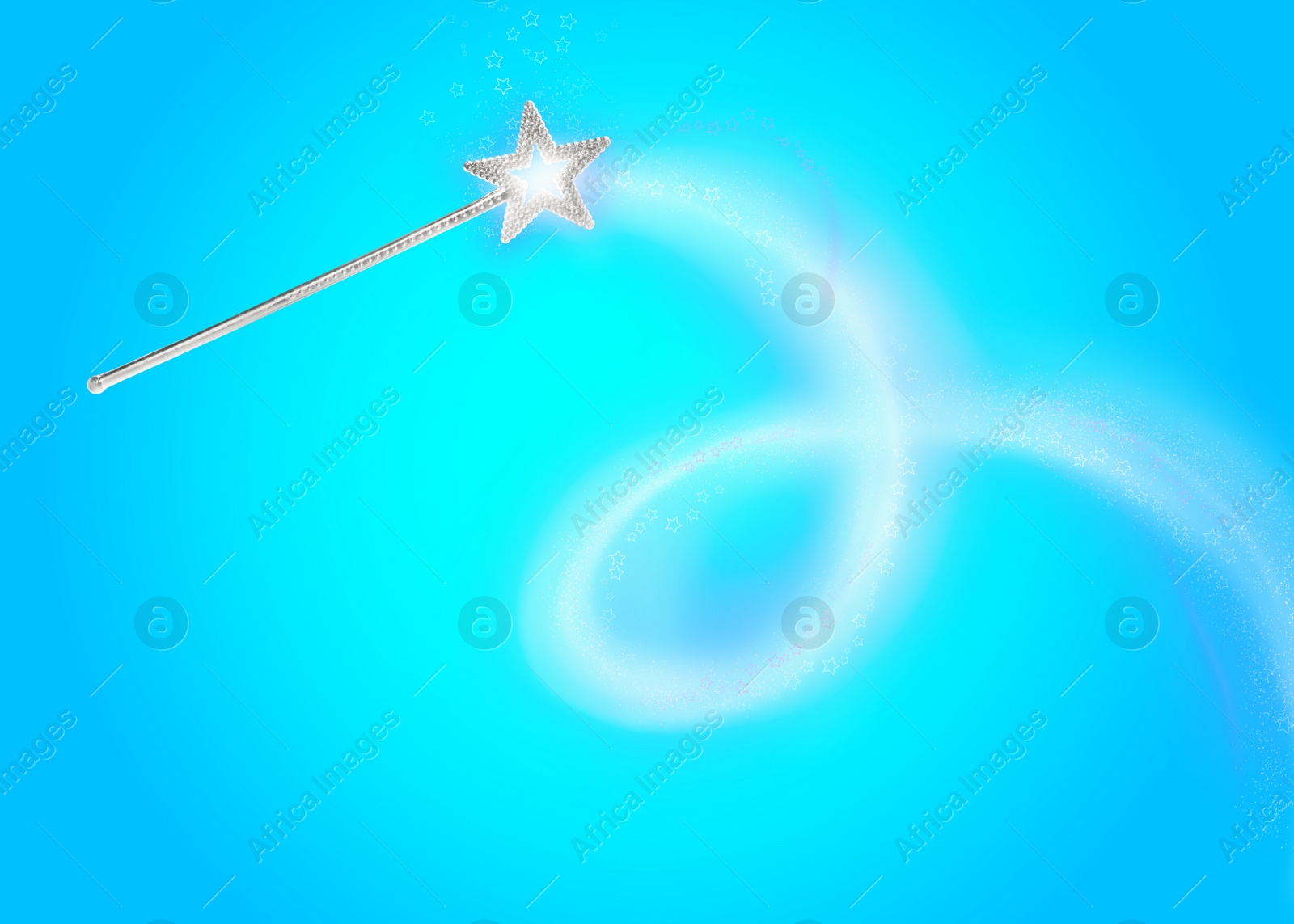 Image of Beautiful magic wand with fairy sparkle on turquoise background