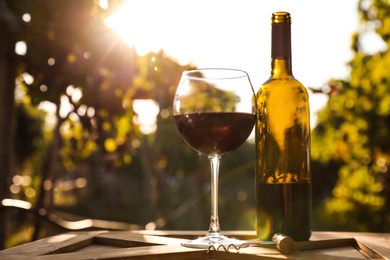 Bottle and glass of red wine on wooden table in vineyard