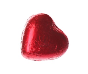 Photo of Heart shaped chocolate candy in red foil isolated on white