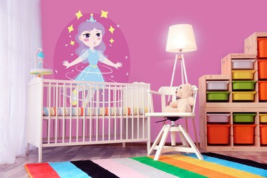 Image of Baby room interior with crib near window. Pink wallpapers with princess
