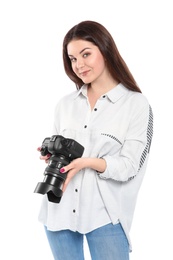 Photo of Female photographer with professional camera on white background
