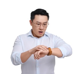 Photo of Shocked businessman looking at watch on white background