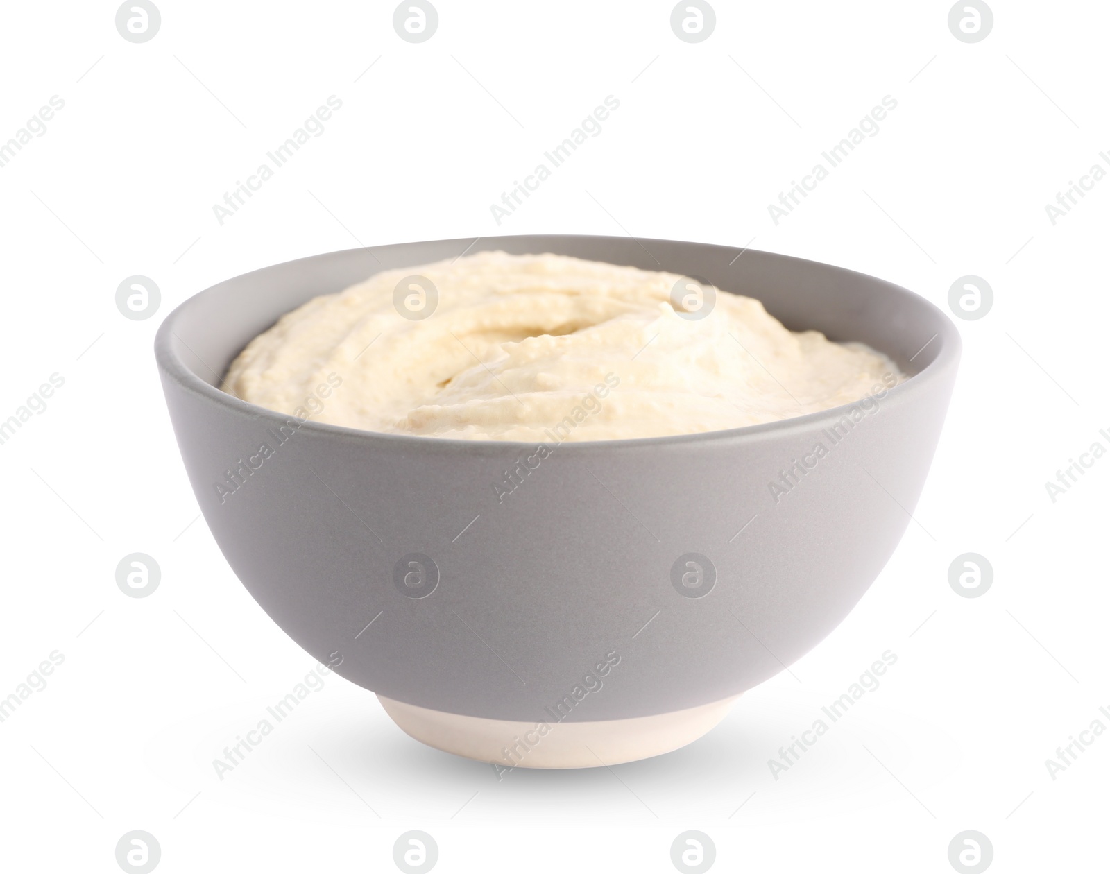 Tasty hummus in grey bowl isolated on white Photo of Tasty hummus in grey bowl isolated on white