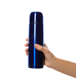 Photo of Woman holding blue thermos on white background, closeup