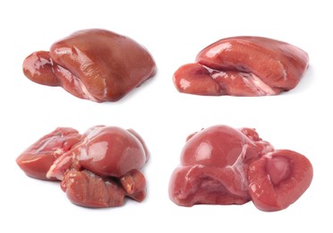 Image of Set with fresh raw kidneys on white background