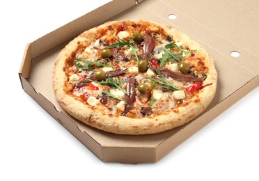 Photo of Tasty pizza with anchovies, arugula and olives in cardboard box isolated on white