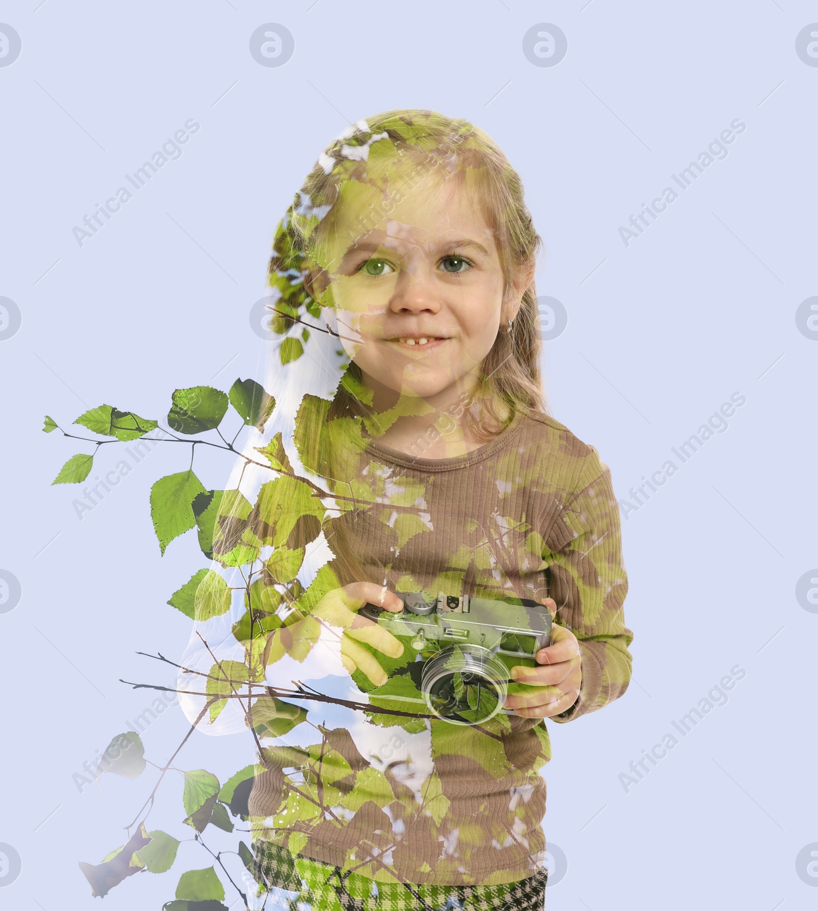 Image of Double exposure of cute girl and green tree on light background