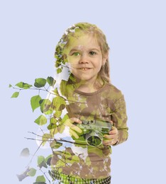 Double exposure of cute girl and green tree on light background