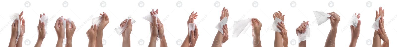 Closeup view of people cleaning hands with wet wipes on white background, collage. Banner design Image of Closeup view of people cleaning hands with wet wipes on white background, collage. Banner design