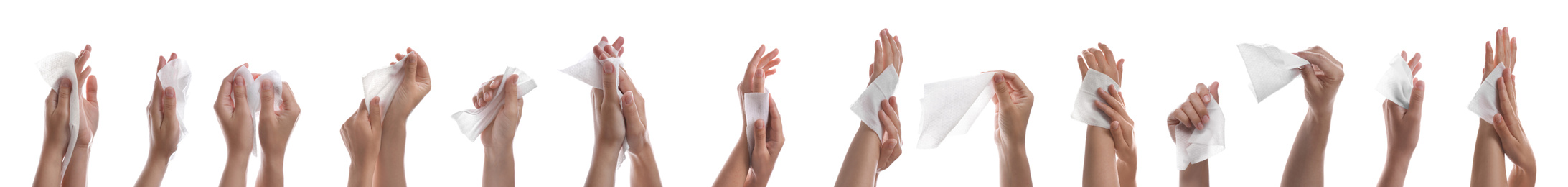 Image of Closeup view of people cleaning hands with wet wipes on white background, collage. Banner design